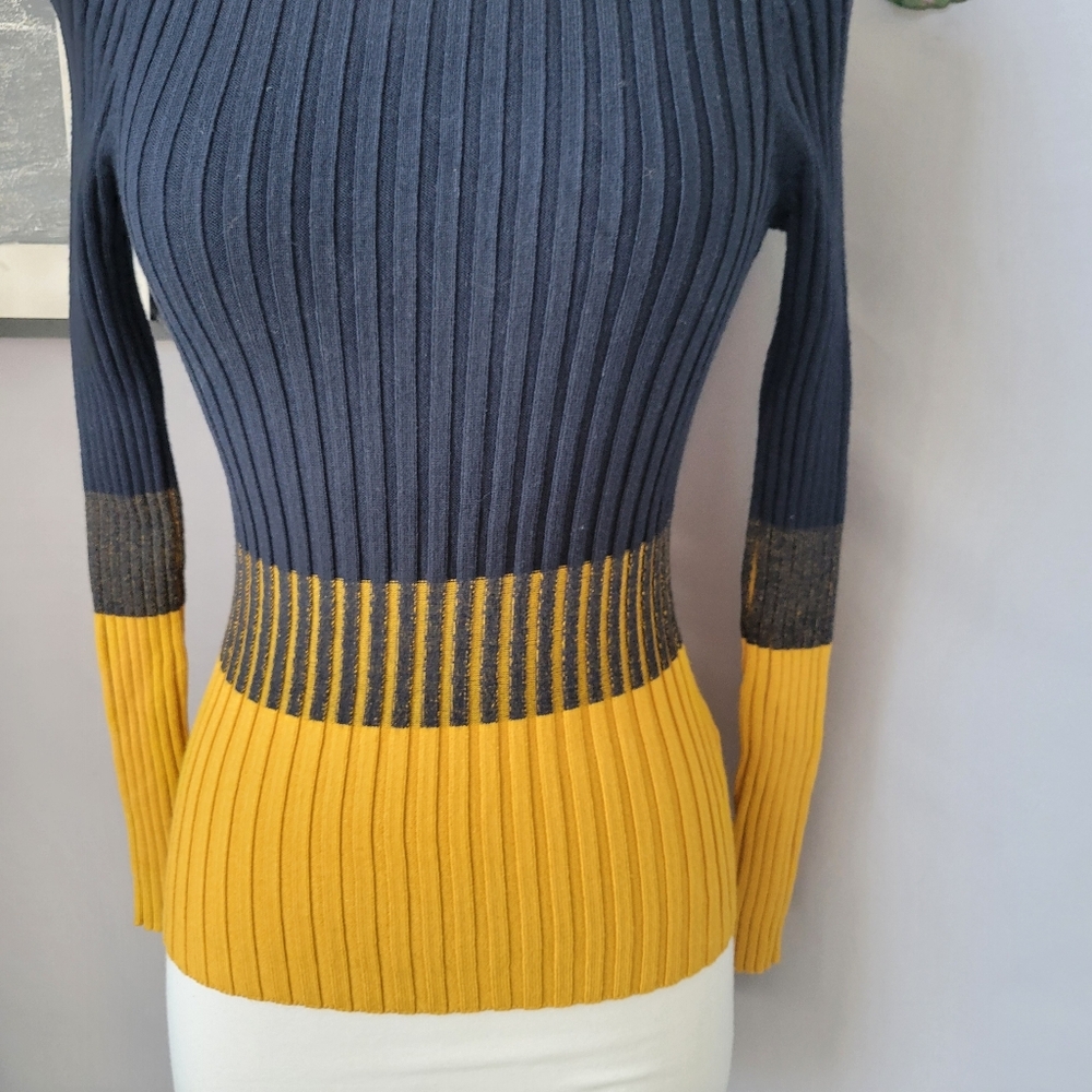 Karen Millen Ribbed Knit Color Block Sweater Top Blue Mustard S - Picture 5 of 12